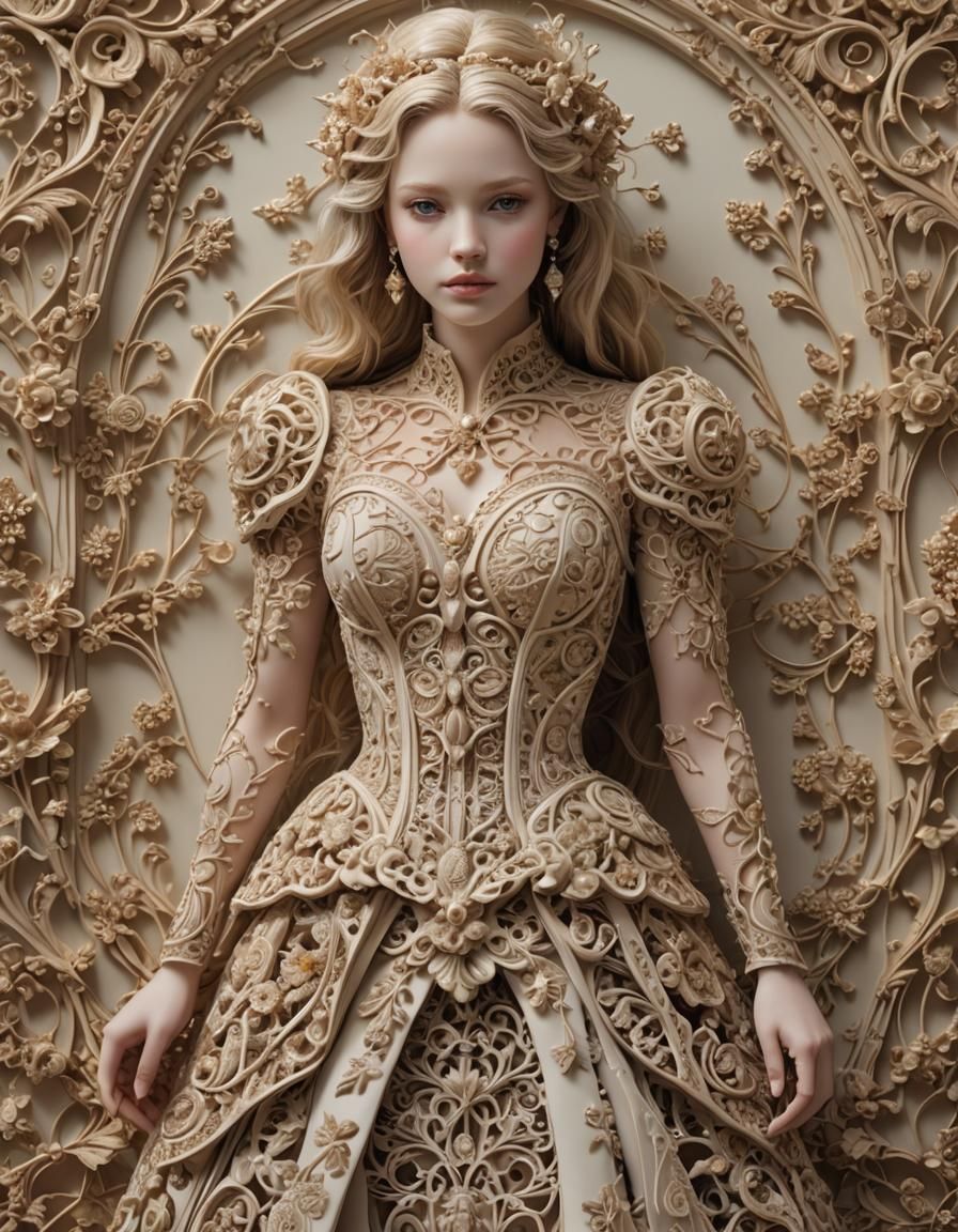 Ethereal Maiden Adorned in Intricate Filigree Dress