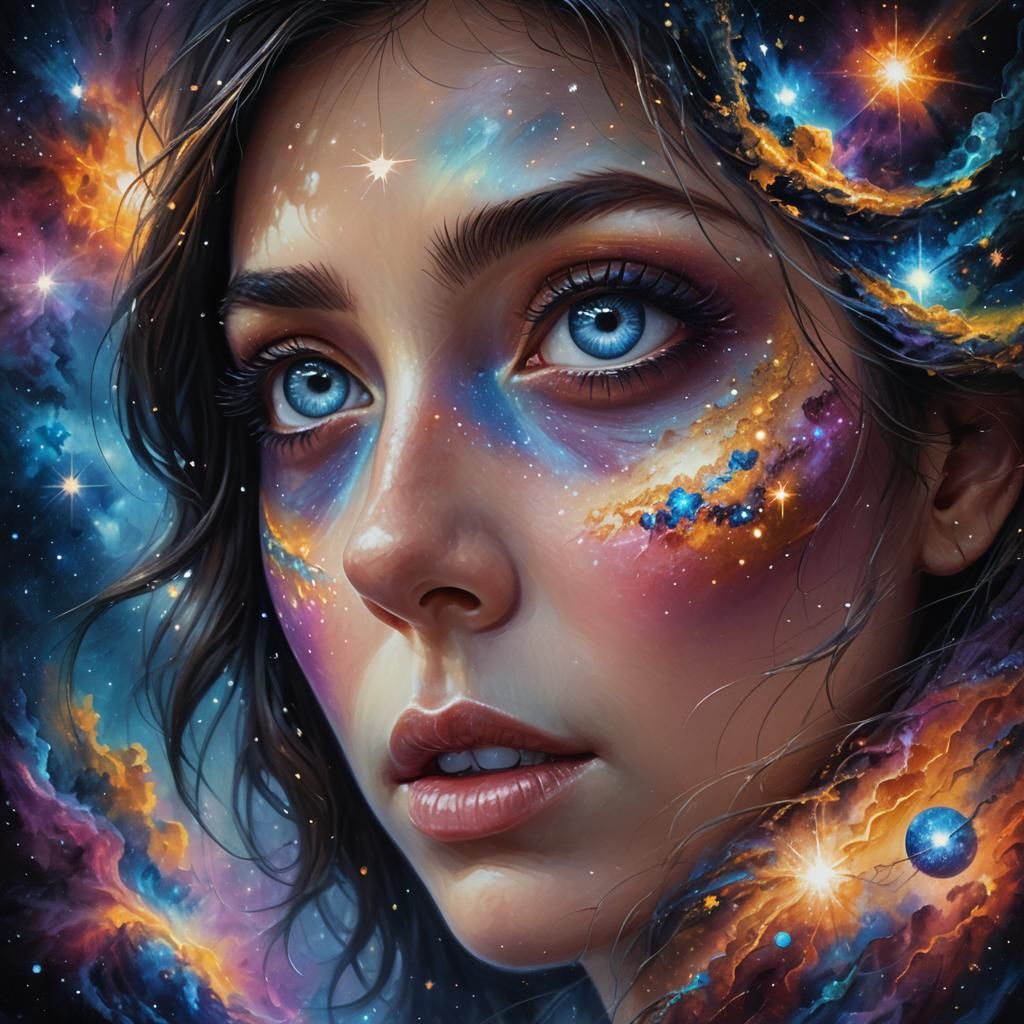 Ethereal Woman with Cosmic Eyes in Vibrant Oil Painting Styl...