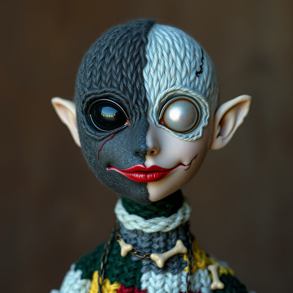 Surreal Patchwork Figure in Fragmented, Multicolored Yarn