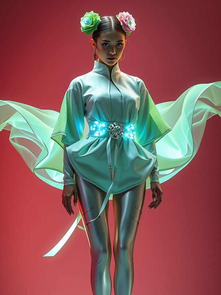 Elegant Cyberpunk Geisha in Neo-Japonisme Suit
