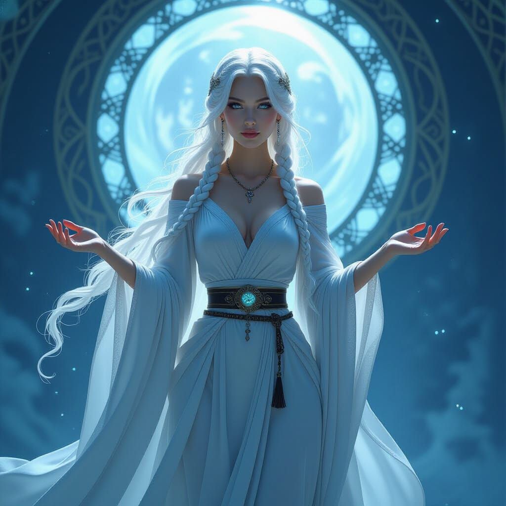 Regal Sorceress Before Magic Portal, in Art Nouveau Style