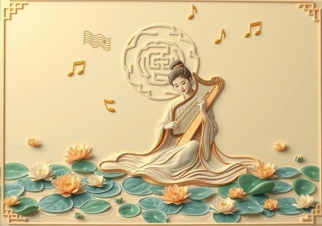Elegant Chinese Woman Plays Harp Among Water Lilies in Soft...