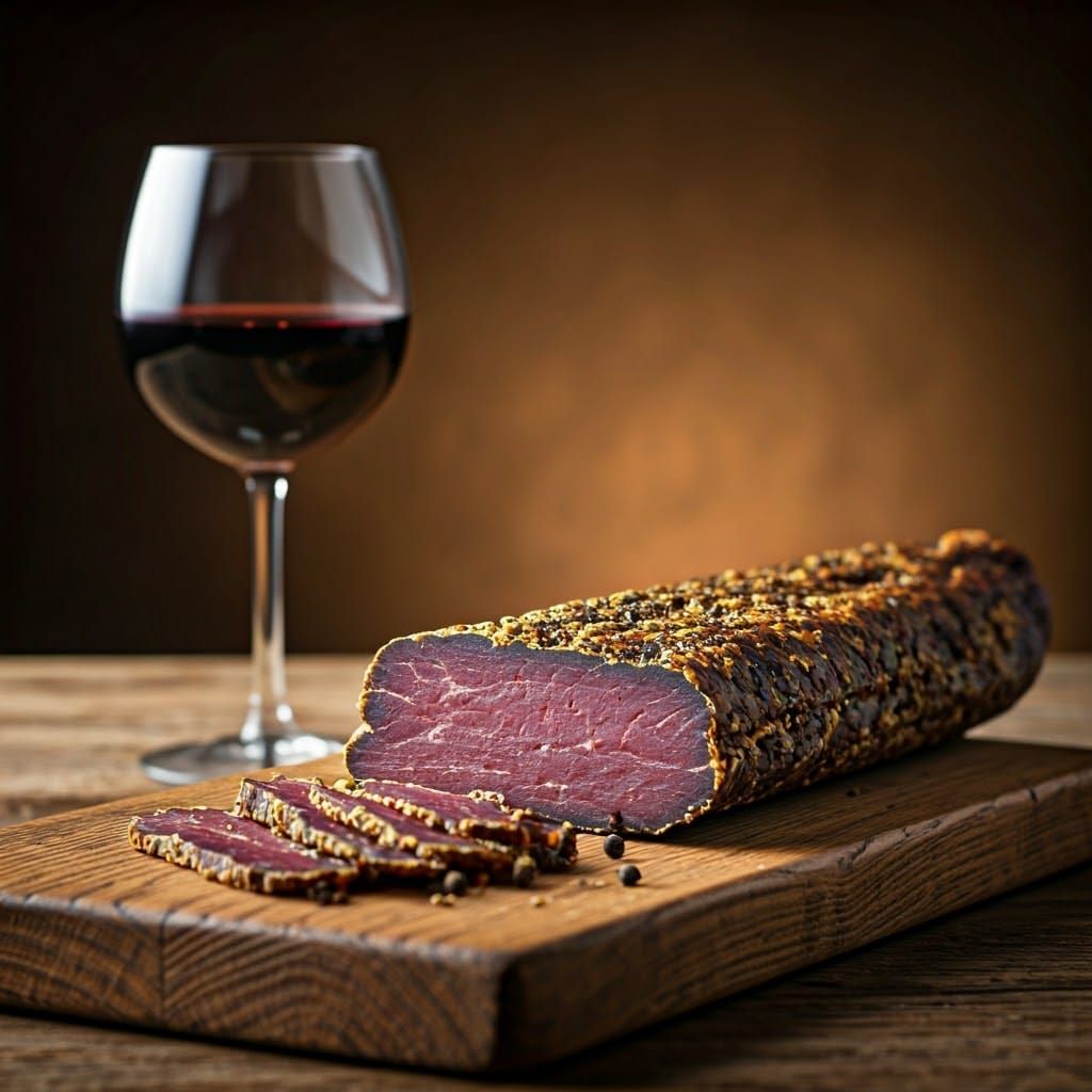 Dry-Aged Biltong on Wooden Board in Warm Lighting