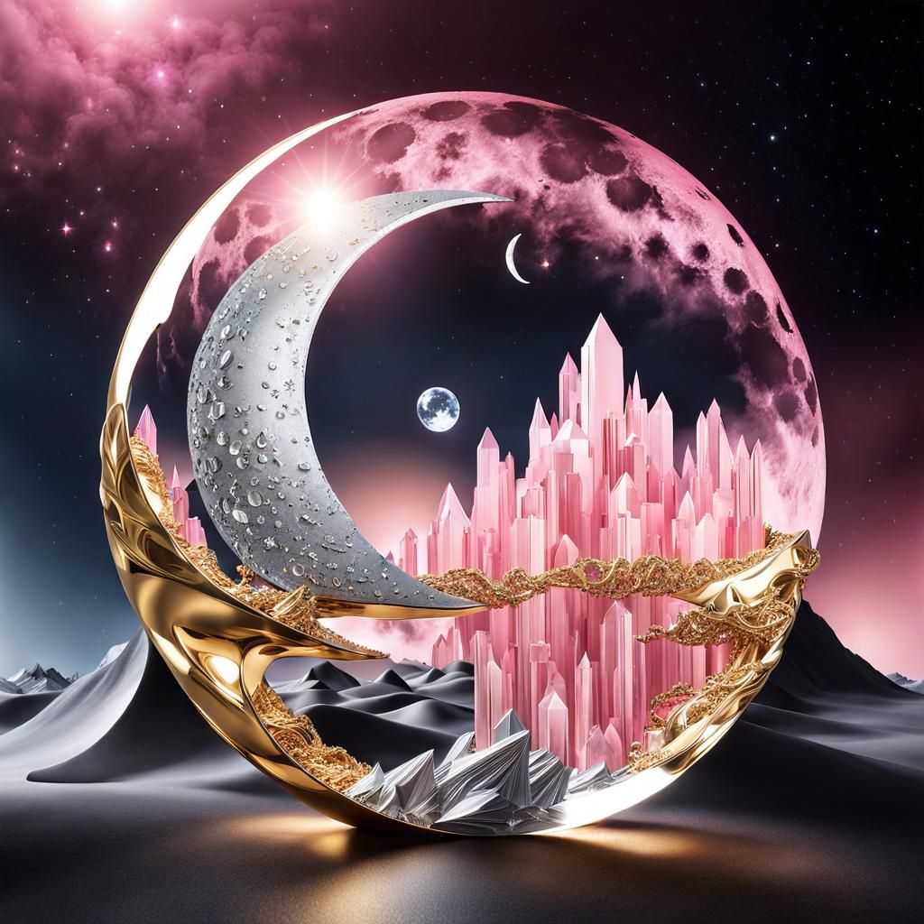 Luminous Surrealist Scene of Crystal and Celestial Bodies