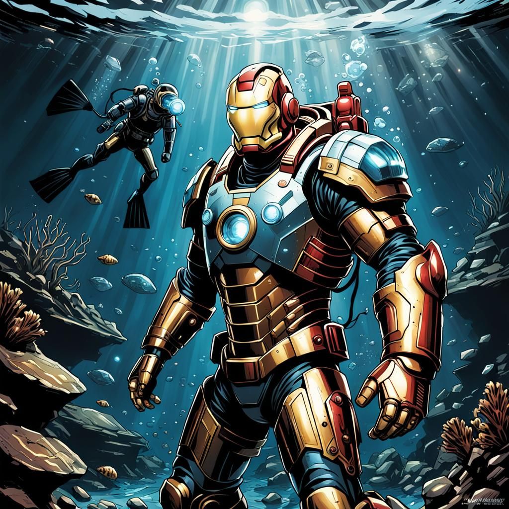 Iron Man Underwater Armor in Comic Book Style