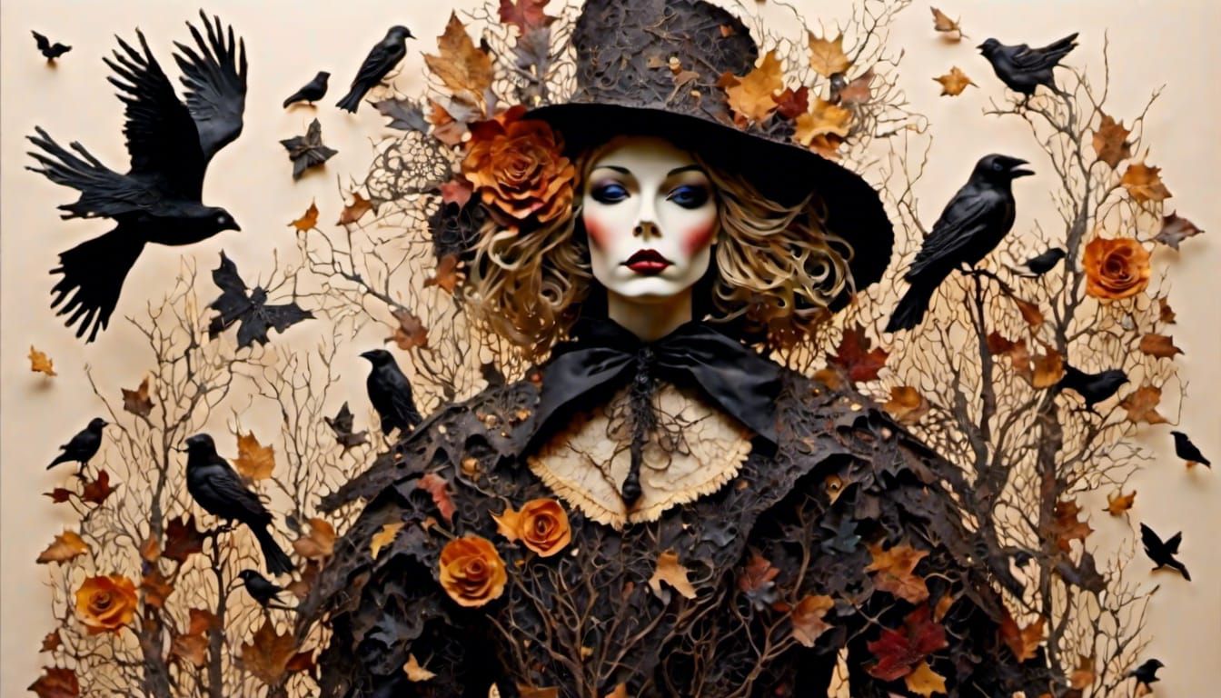 Exquisite Scarecrow and Crow Portrait in Vintage Porcelain S...