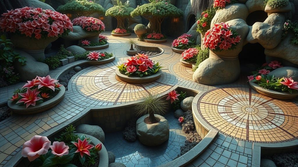 Surrealist Fractal Garden with Intricate Paths and Vibrant F...