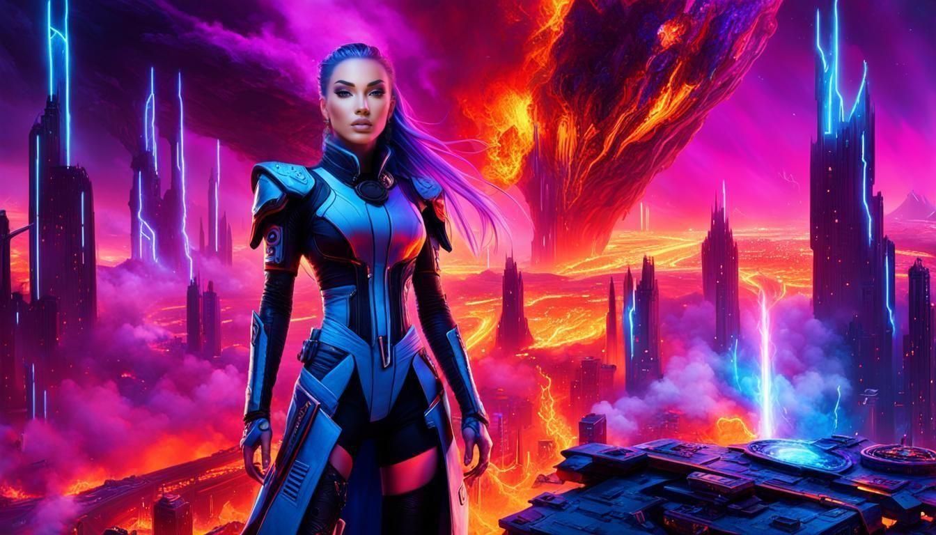 Cyberpunk Goddess Floating Near Volcano and Spaceship