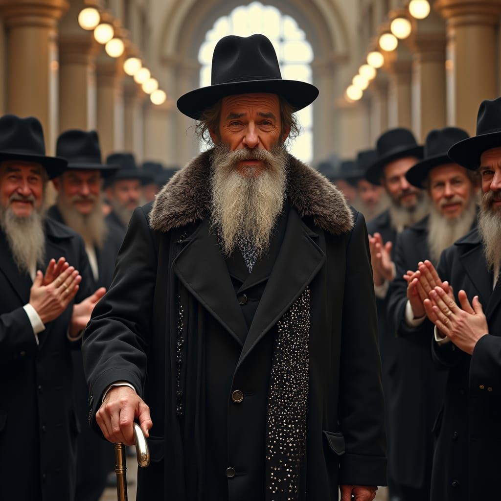 Rabbi with Silver Walking Stick Enters Grand Synagogue