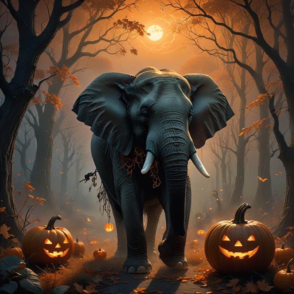 Ethereal Elephant as Great Pumpkin in Misty Halloween Forest
