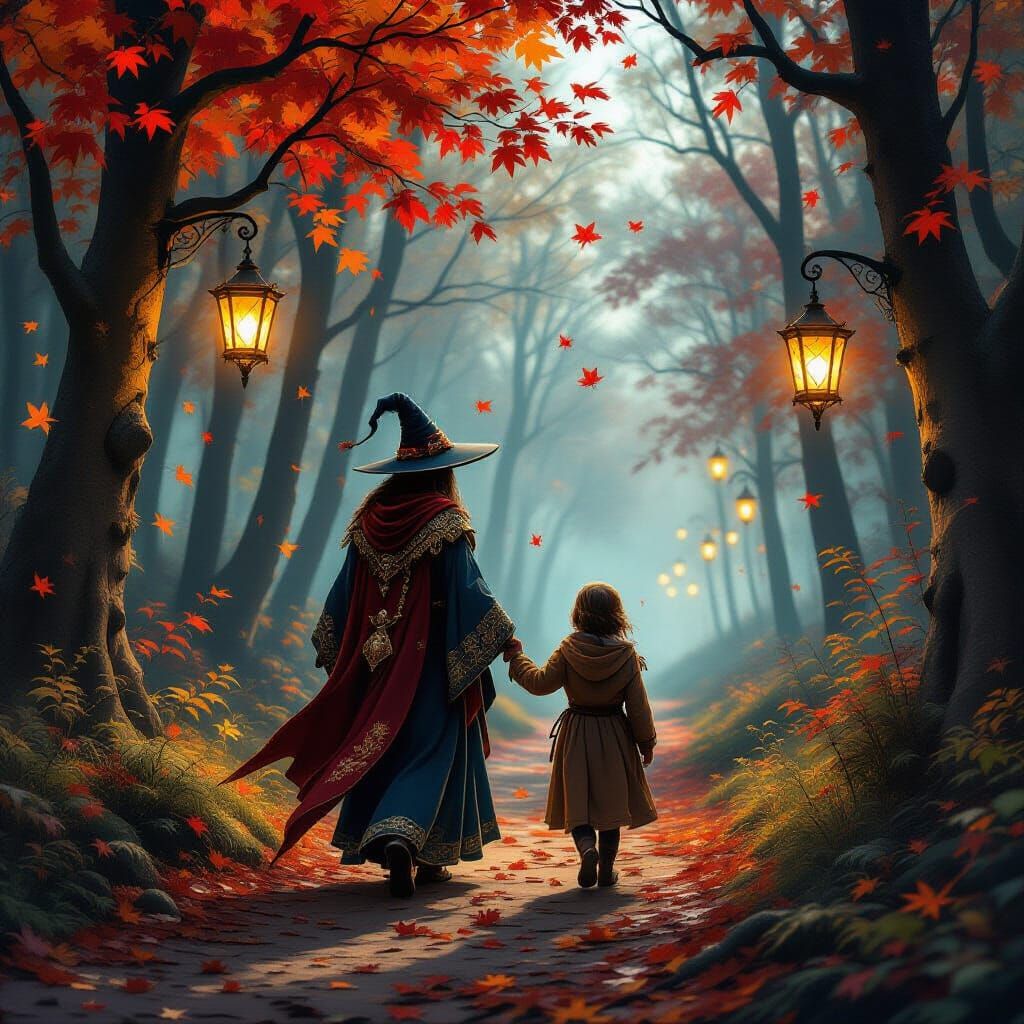 Mystical Time Traveler in Enchanted Autumn Forest
