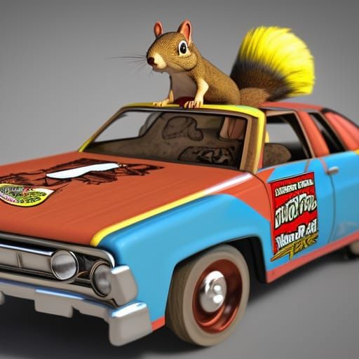 Cartoon Squirrel Pit Crew at Demolition Derby