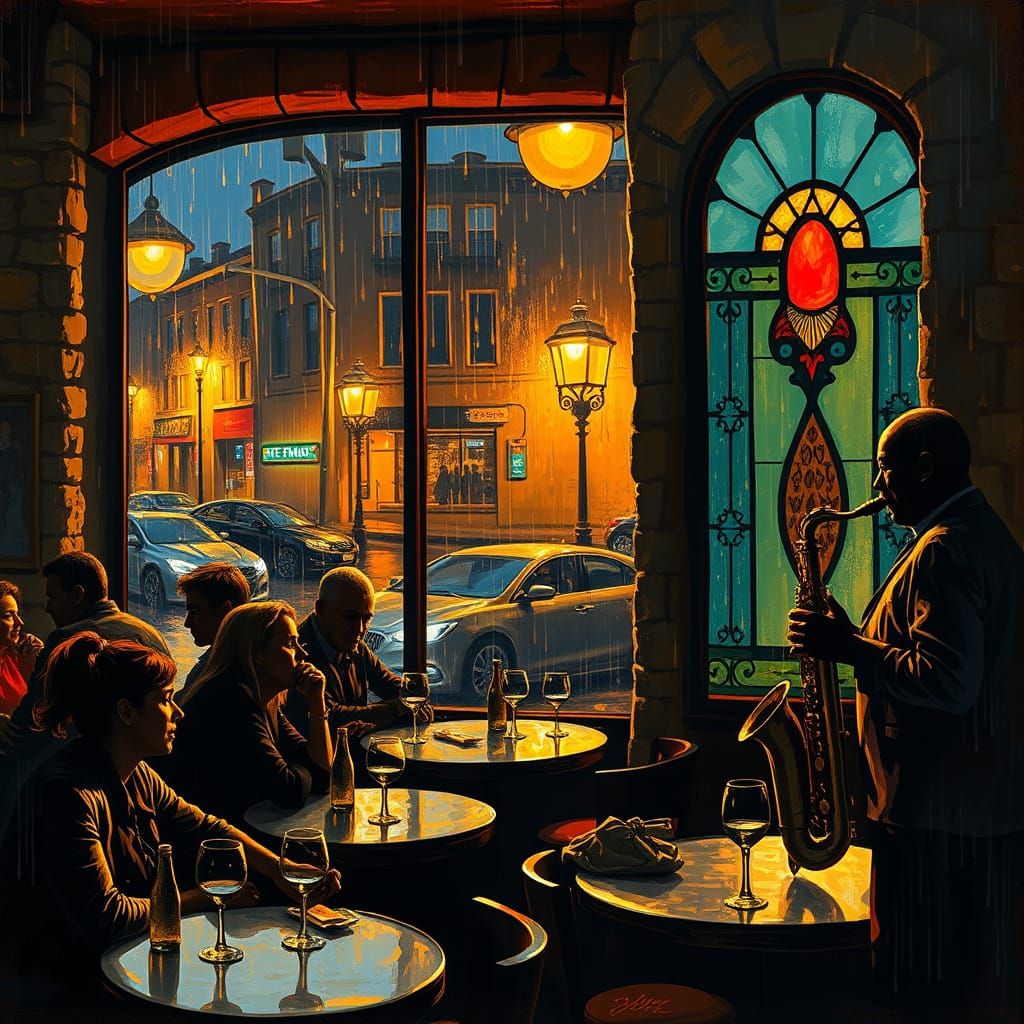 Cozy Jazz Bar on Rainy Montreal Night, Expressionist Style