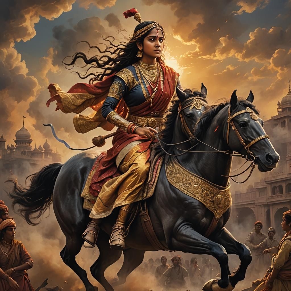 Regal Queen of Jhansi Triumphs on a Smoldering Battleground