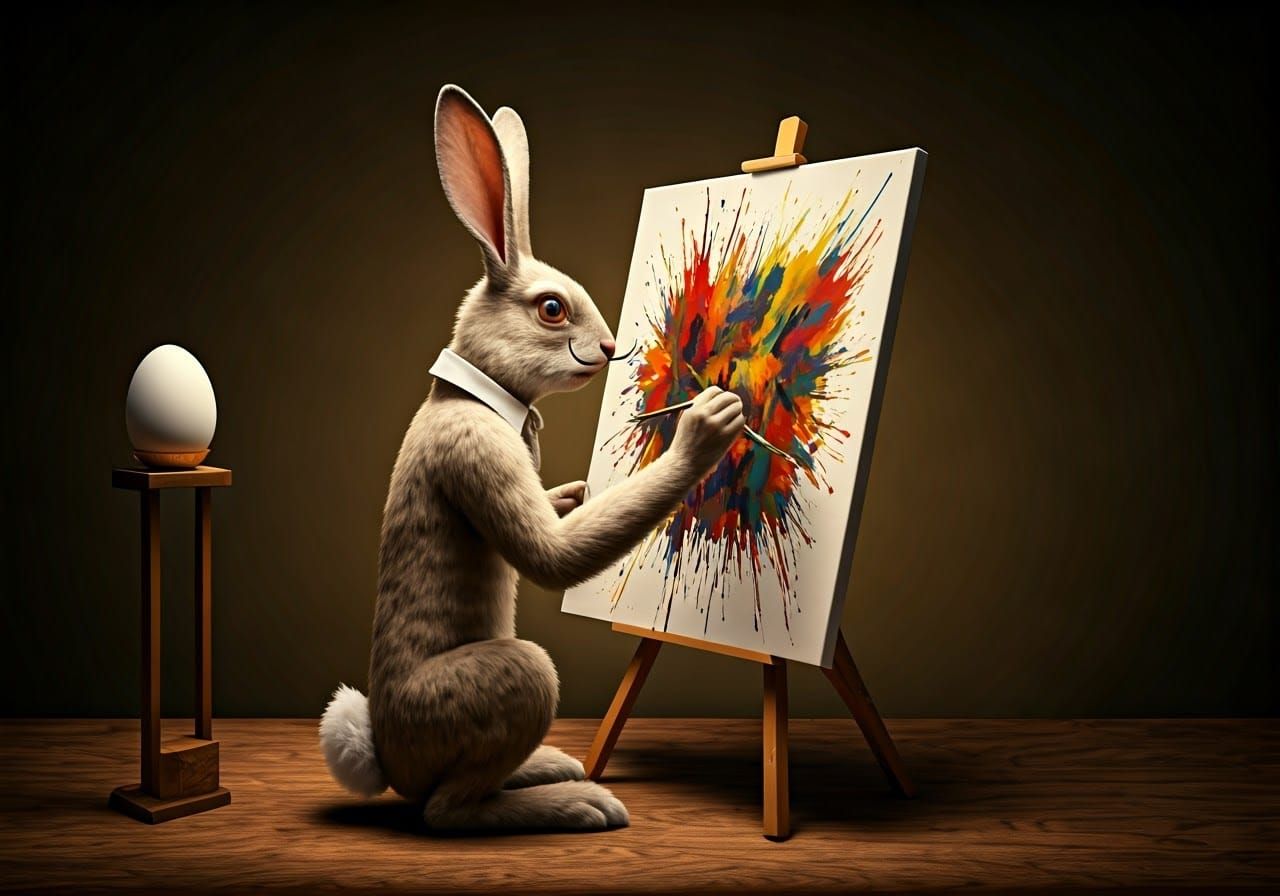 A Surrealist Rabbit Paints a Vibrant Abstract Egg
