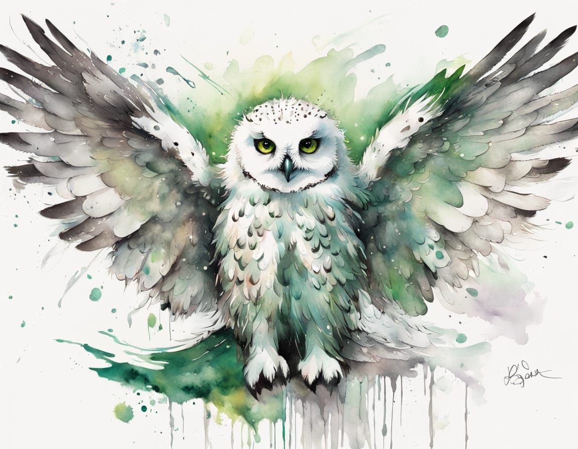 Whimsical Snow Owl Splash Art in Pastel Watercolours