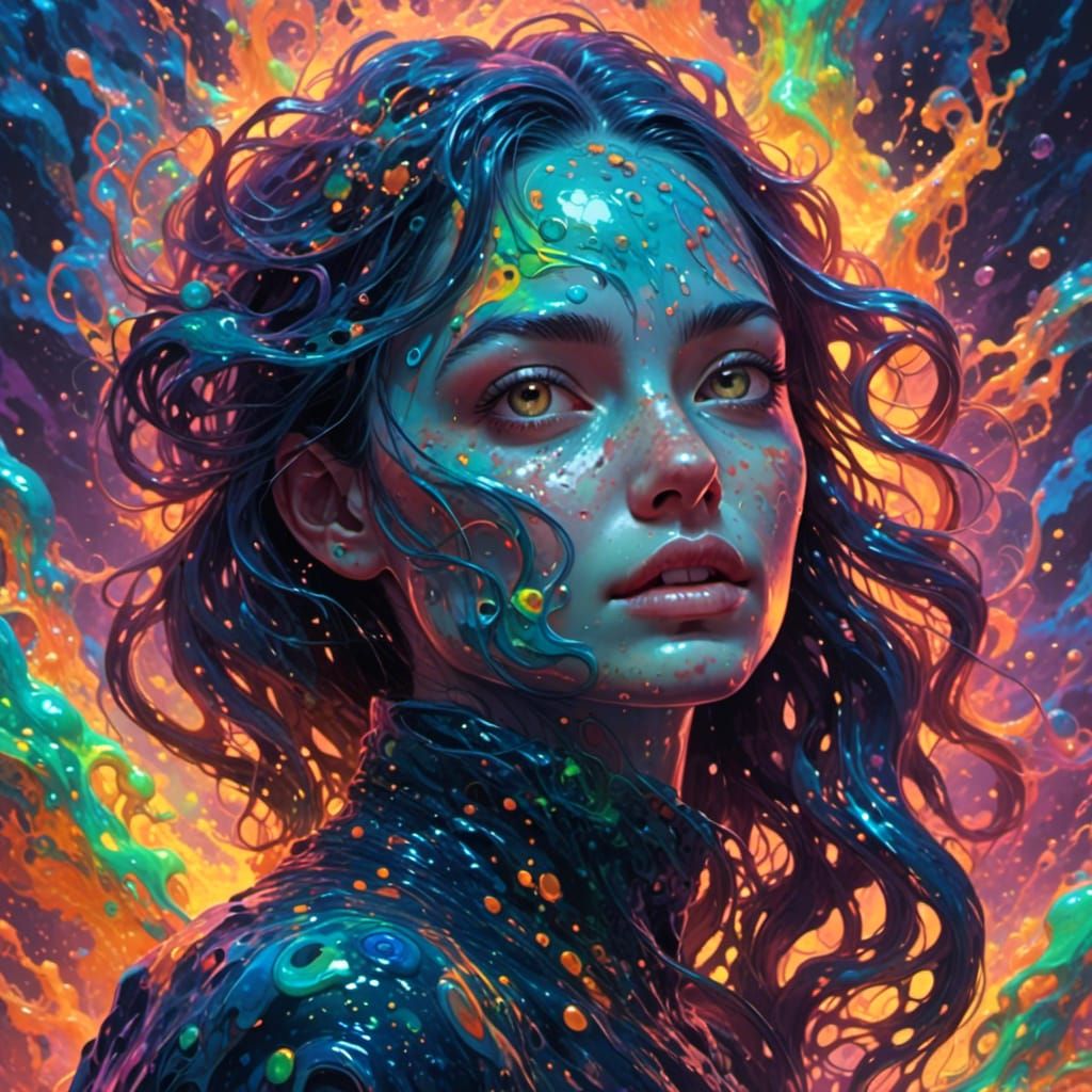 Enchanting Biohazard Goddess with Shimmering Metallic Eyes