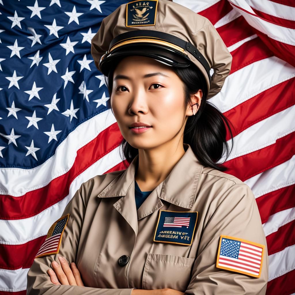 Asian Female Vet Honors American Flag