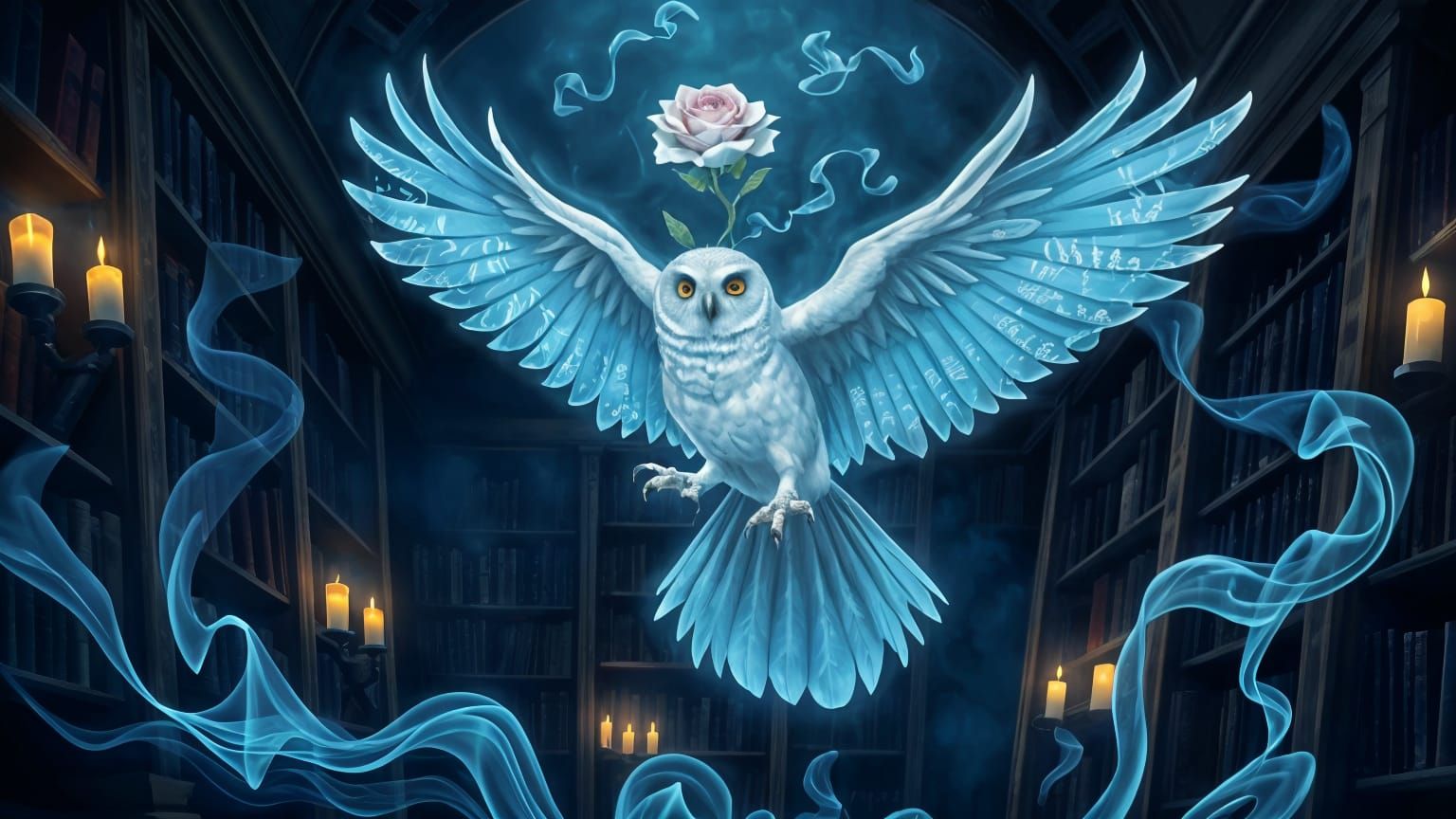 Ethereal Owl Spirit Among Midnight Roses