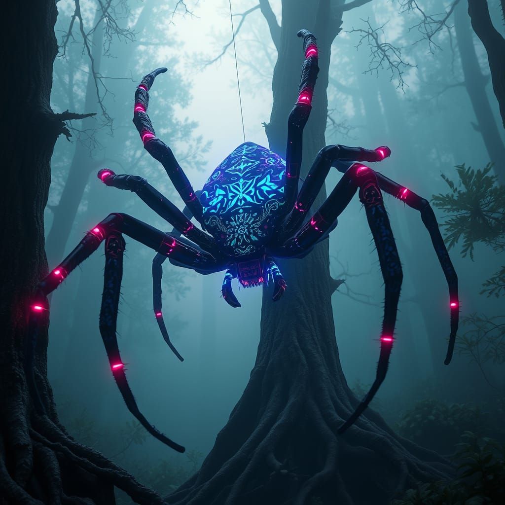 Bioluminescent Spider Descends in Misty Forest