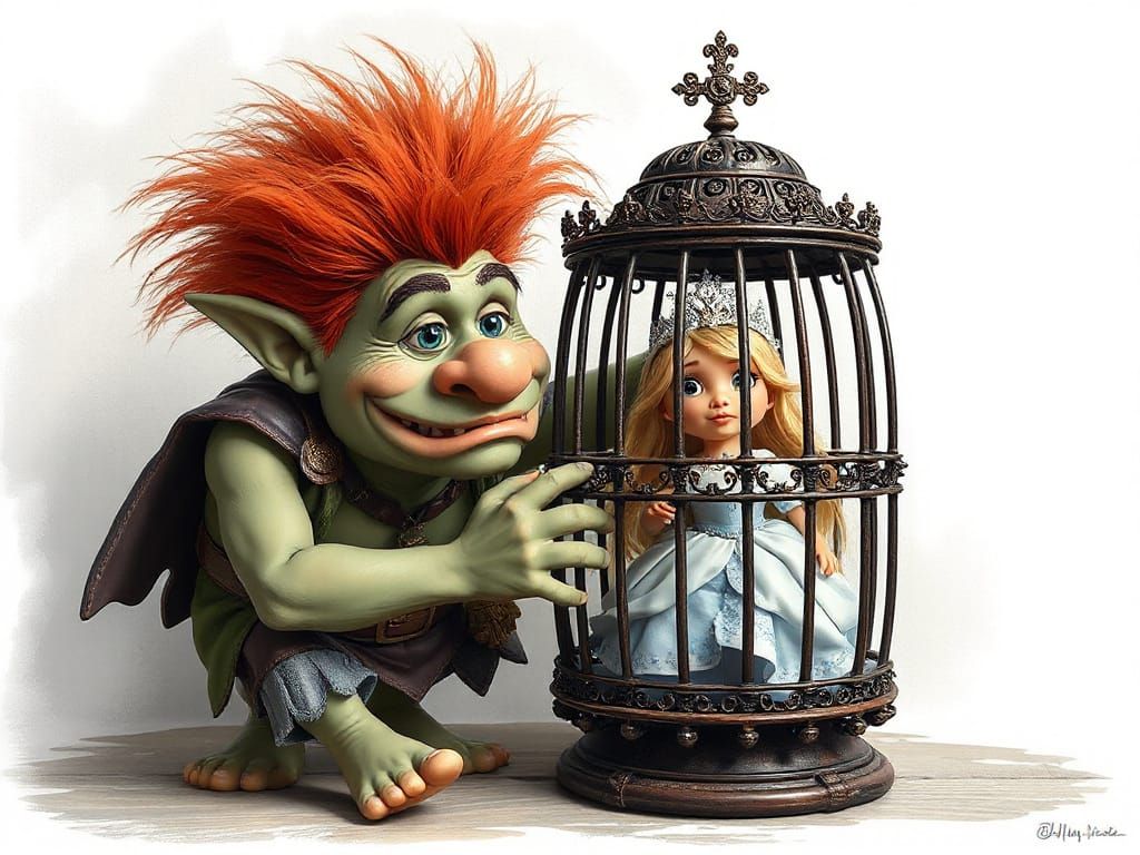 Troll Cares for Captive Princess in Ornate Cage