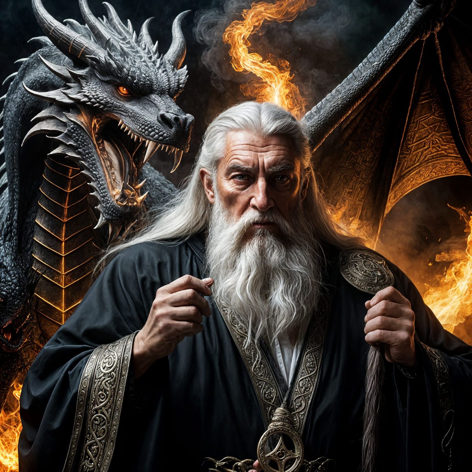 Ancient Wizard Masters a Dragon in Hyperrealistic Oil Painti...