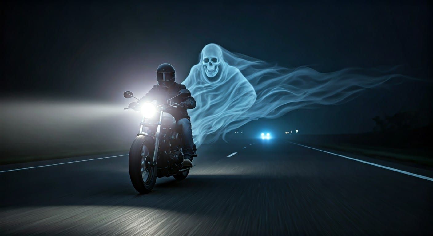 Ghostly Rider Speeds Down Foggy Highway at Night