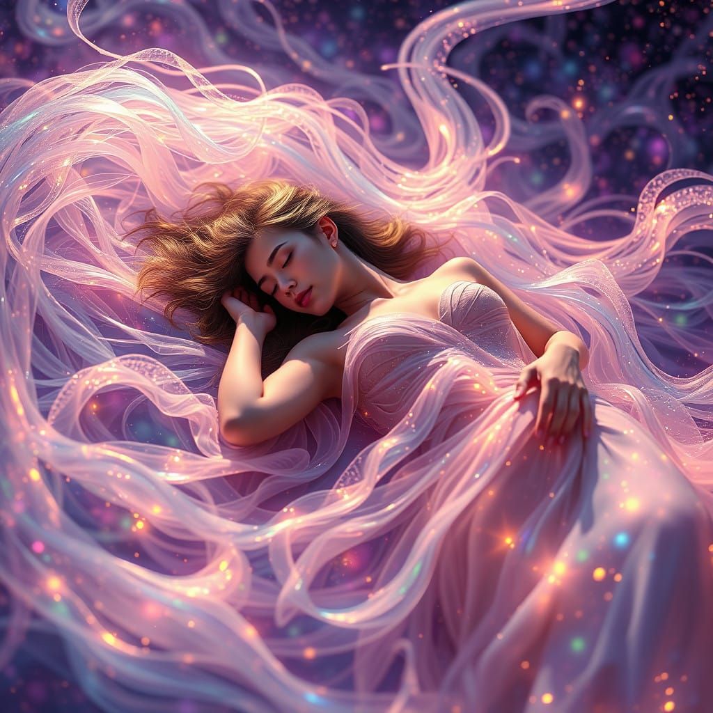 Dreamlike Quantum Goddess in Iridescent Waves