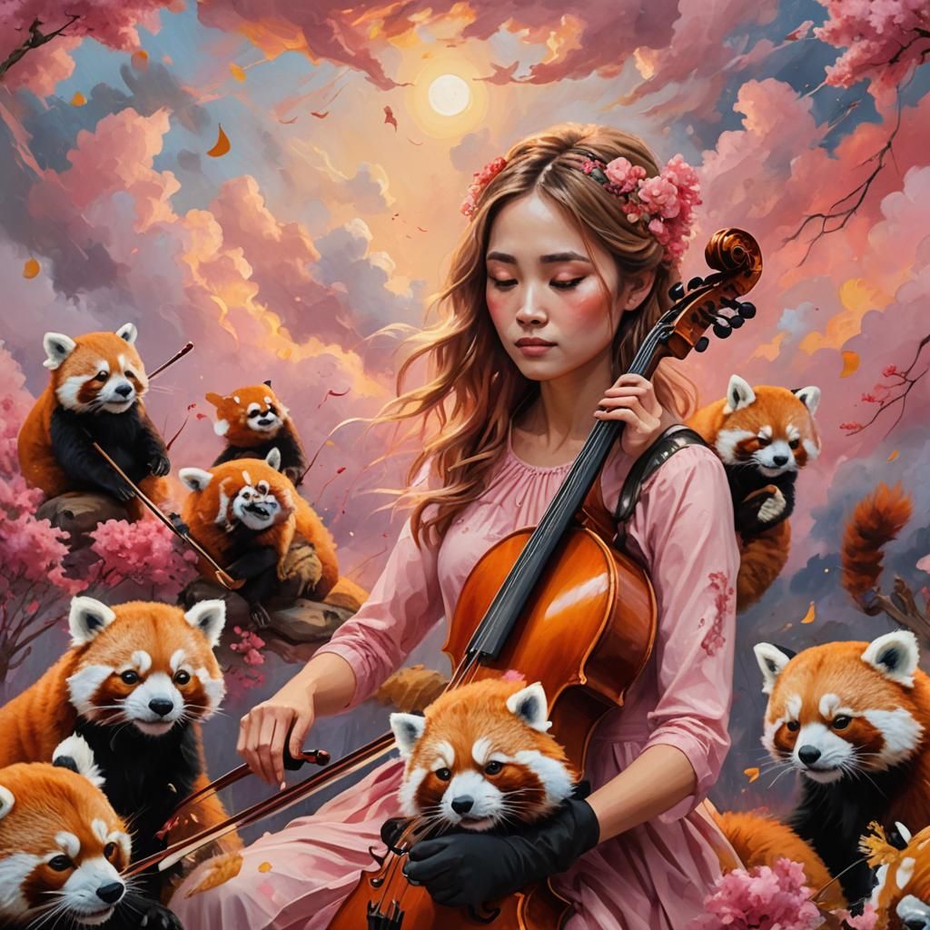 Enchanting Girl Plays Cello Amidst Whimsical Red Panda Cloud...
