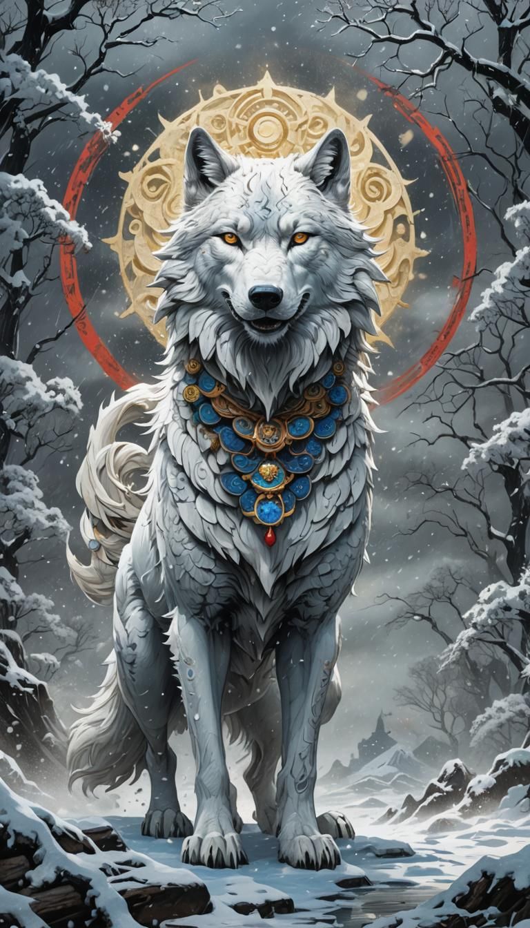 Cyberwolf in Icy Blizzard, in the Style of 19th-Century Japa...