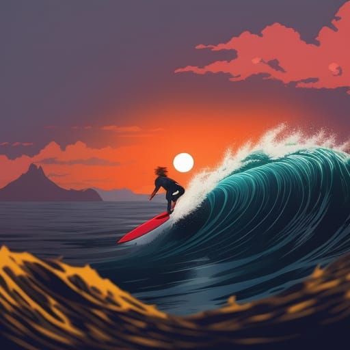 Surreal Surfing Scene with Red Haired Woman in Wave-Tube by...