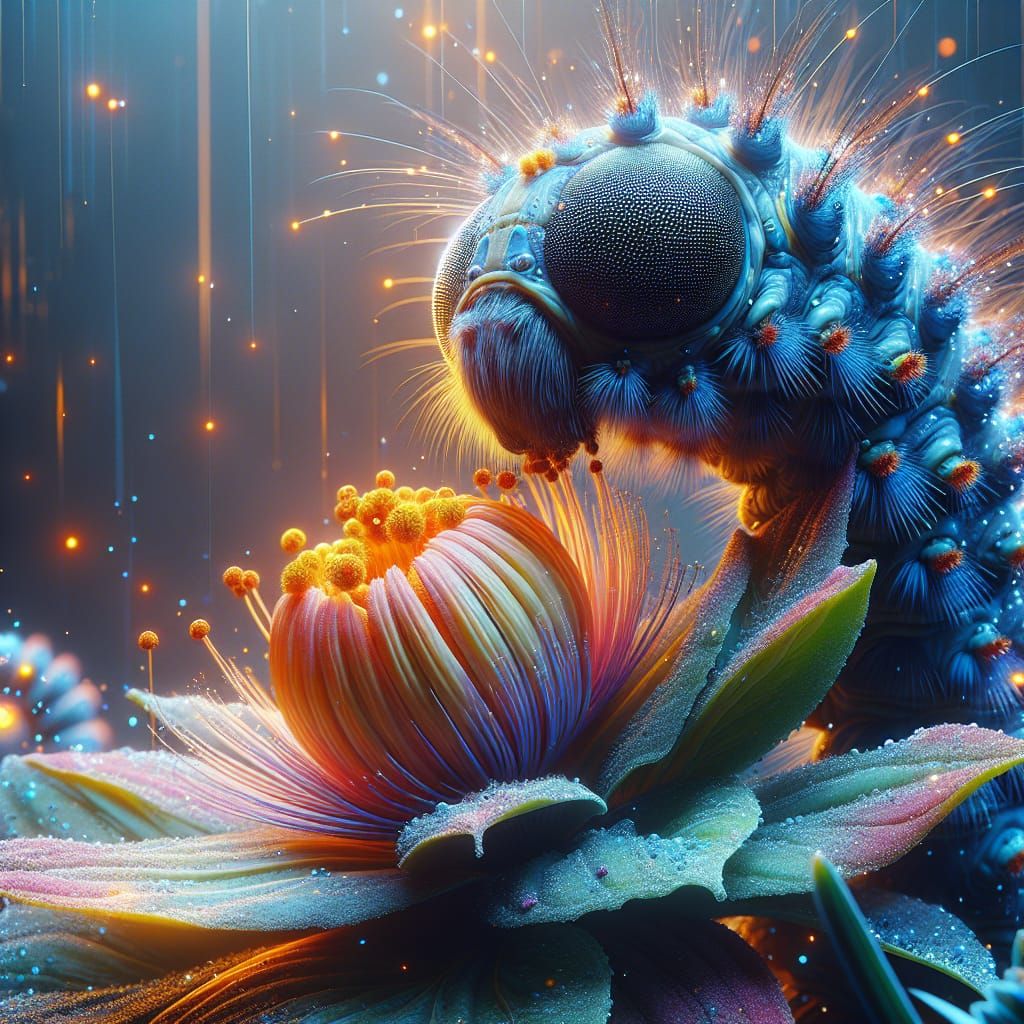 Intricate Fantasy Caterpillar Amidst Enchanted Blooms
