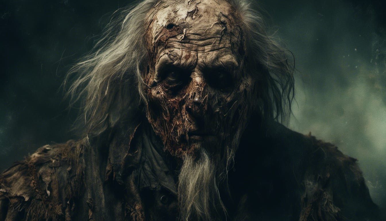 Epic Wax Masked Old Man in a Dramatic Digital Landscape