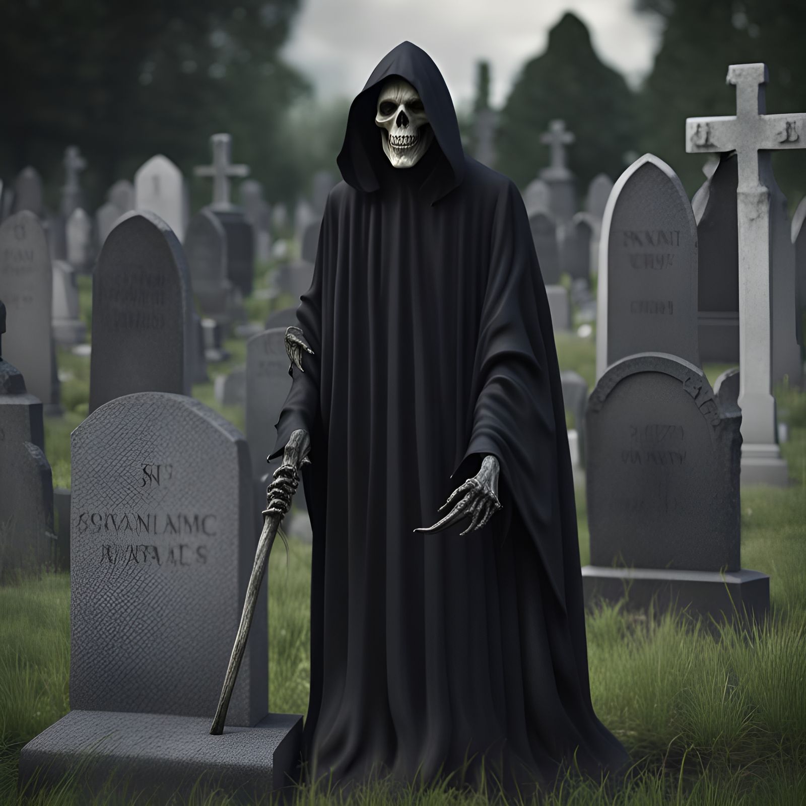 Grim Reaper Descending into a Haunting Graveyard
