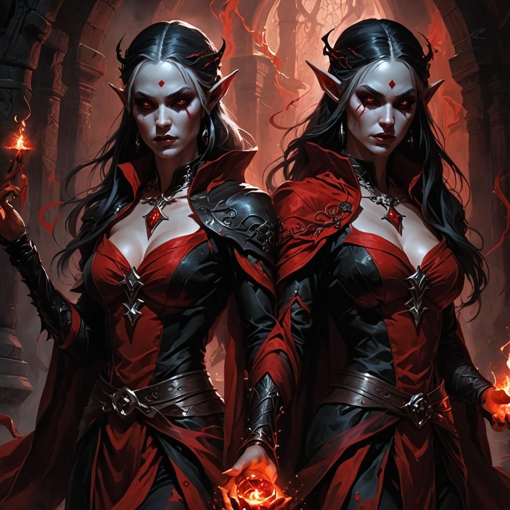 Drow Elf Twins Casting Blood Magic Spell