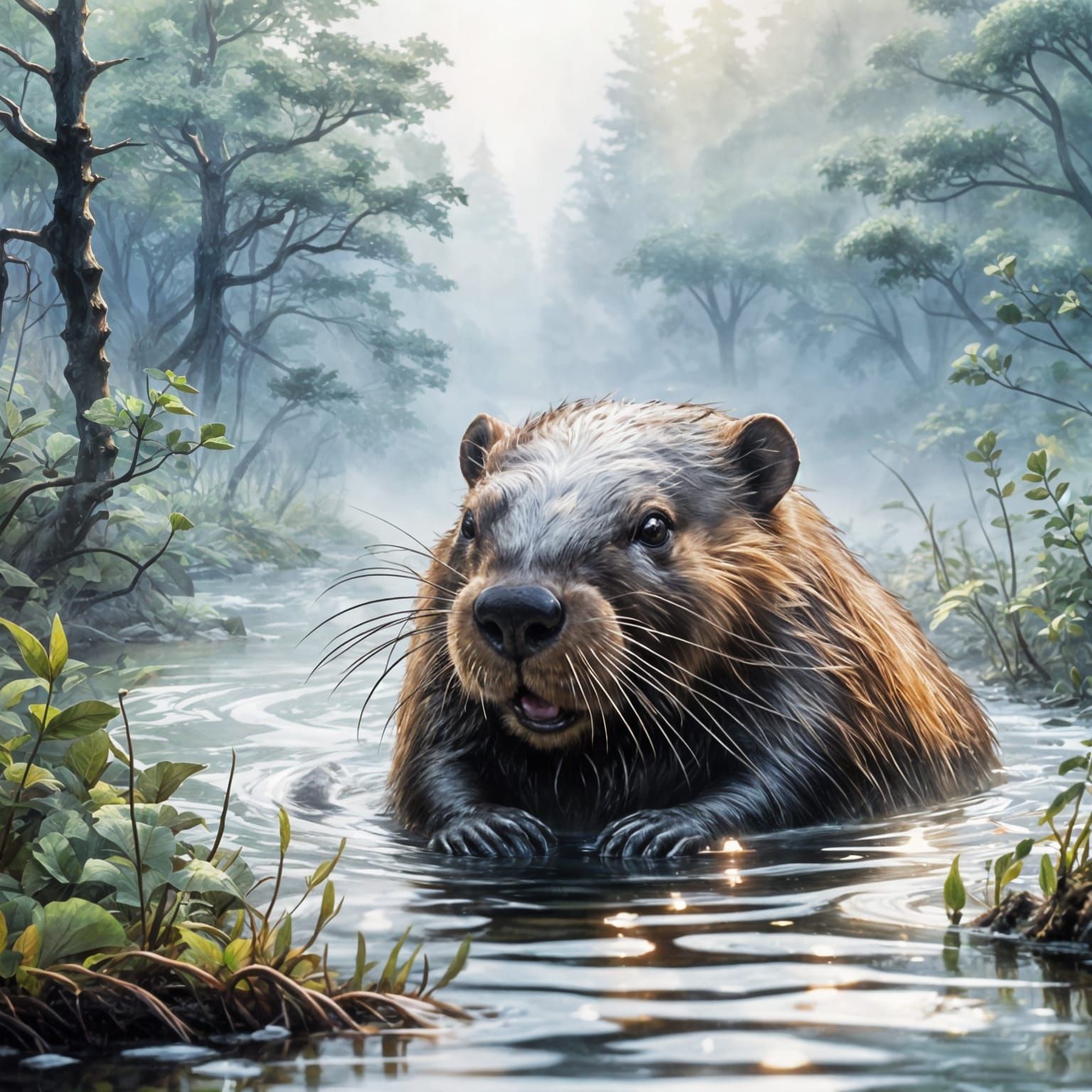 Beaver in Misty Forest River