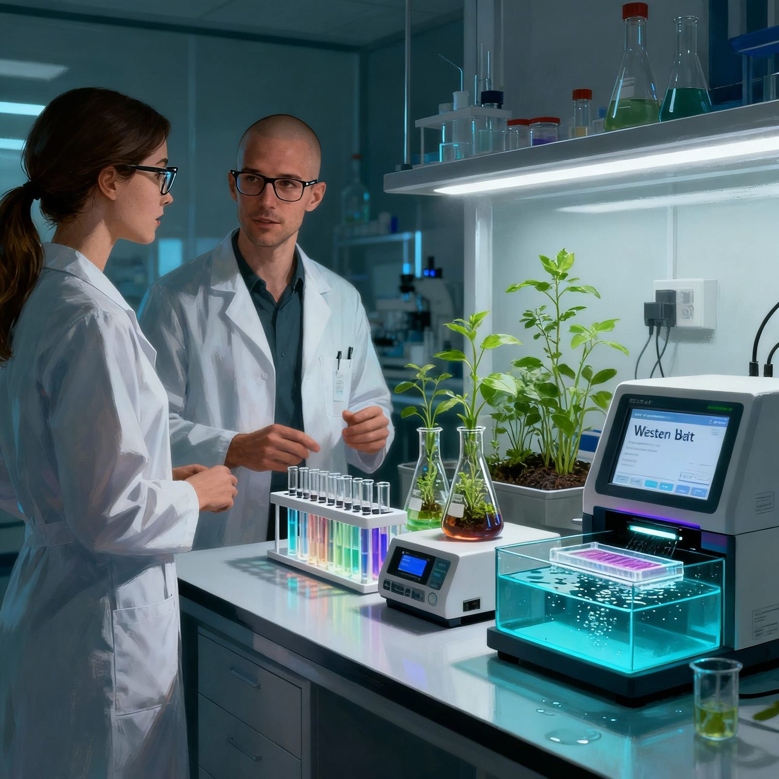 Scientists Discussing Plant Growth and Western Blot Results