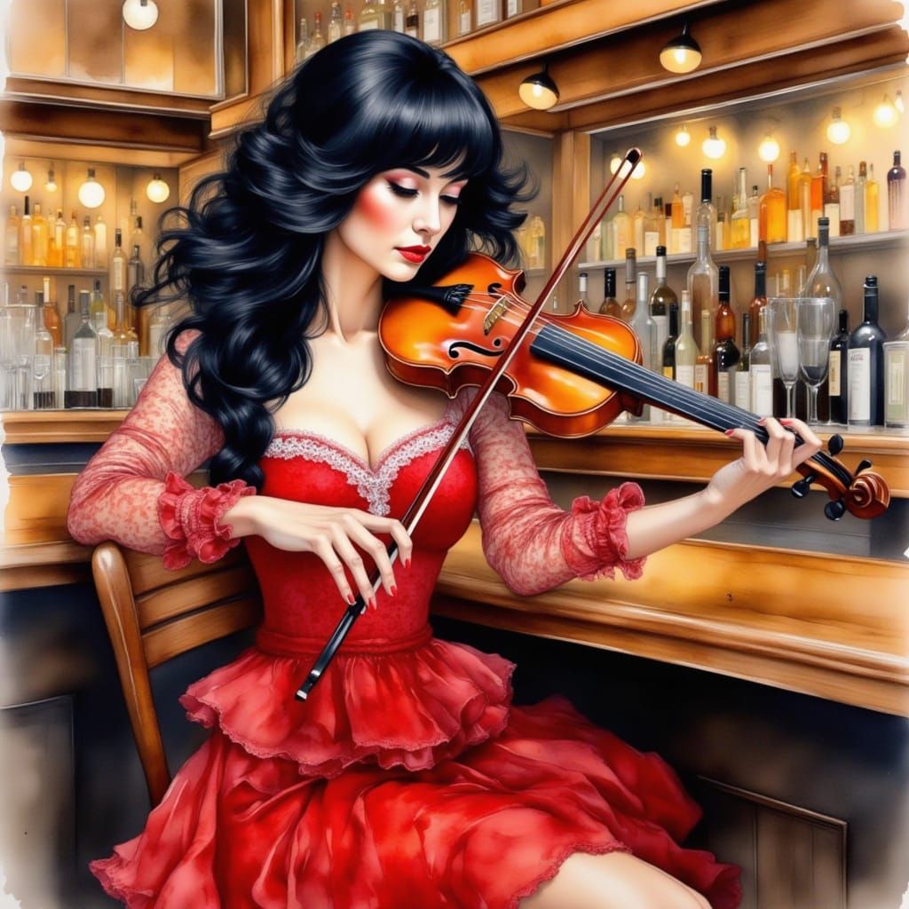 Woman Playing Violin in Alcohol Ink Style