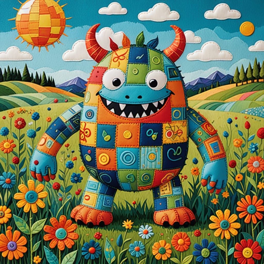 Colorful Fabric Monster Plays in Sunny Meadow