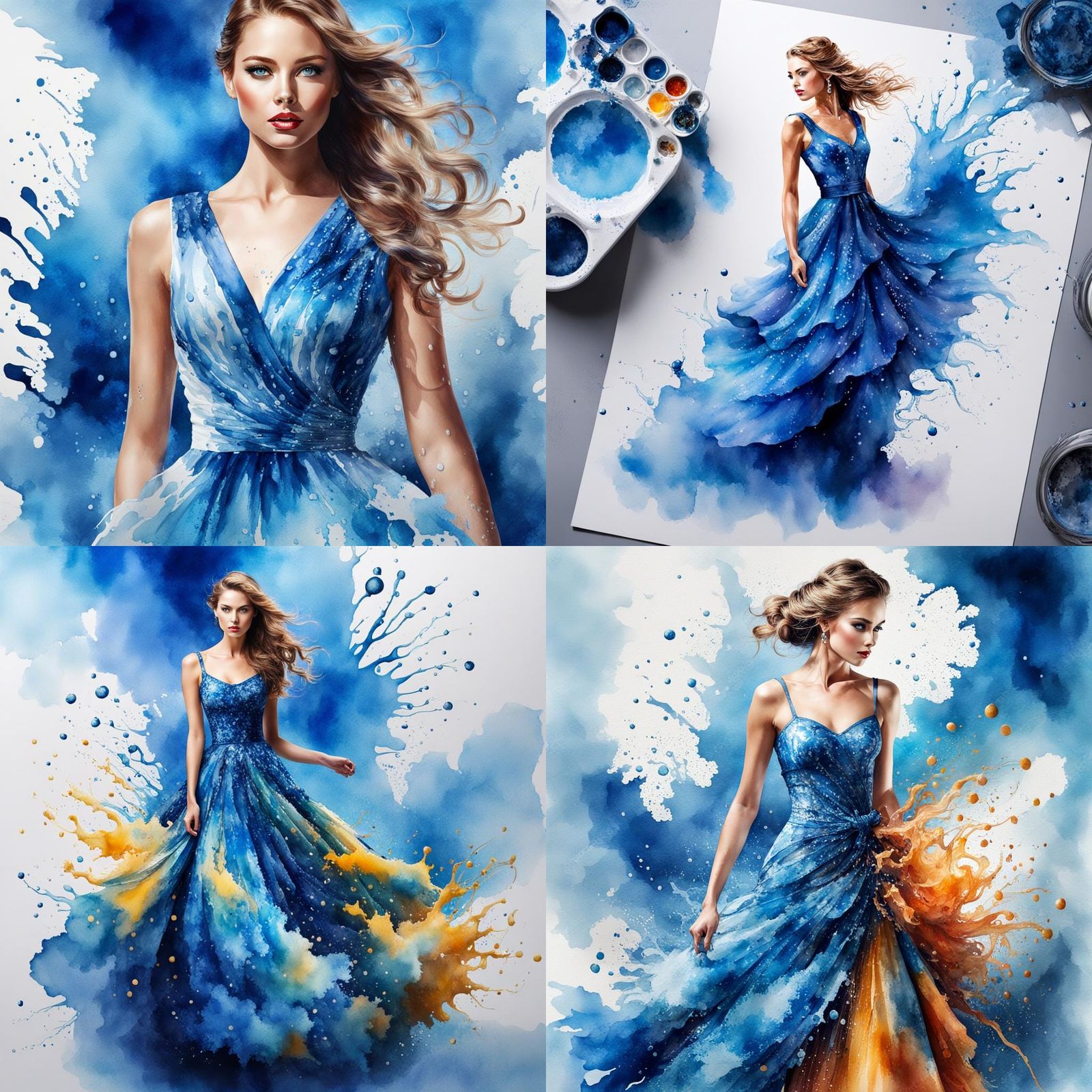 Elegant Lady in an Abstract Blue Watercolor Dress
