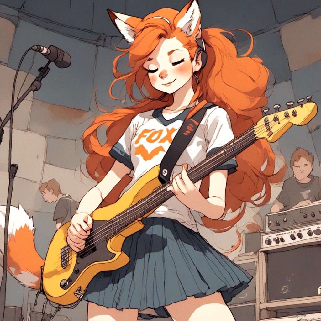 Fox-girl VIXEN playing bass in a garage band with other members.