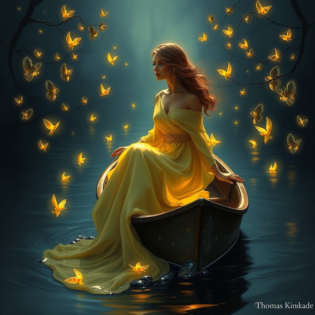 Woman in Yellow Dress on Boat in Dreamy Scene