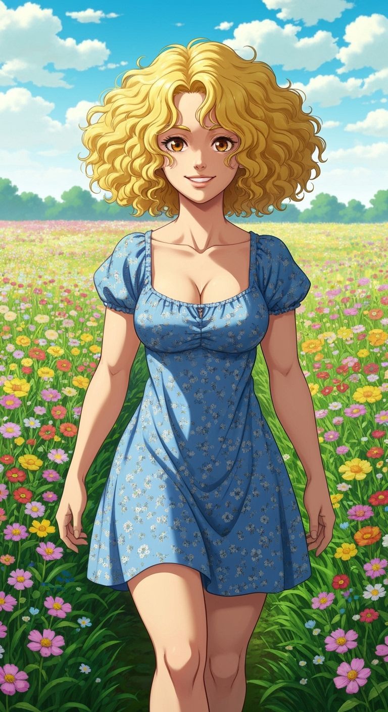 Young Lady in Flower Field: Realistic Art Nouveau Style