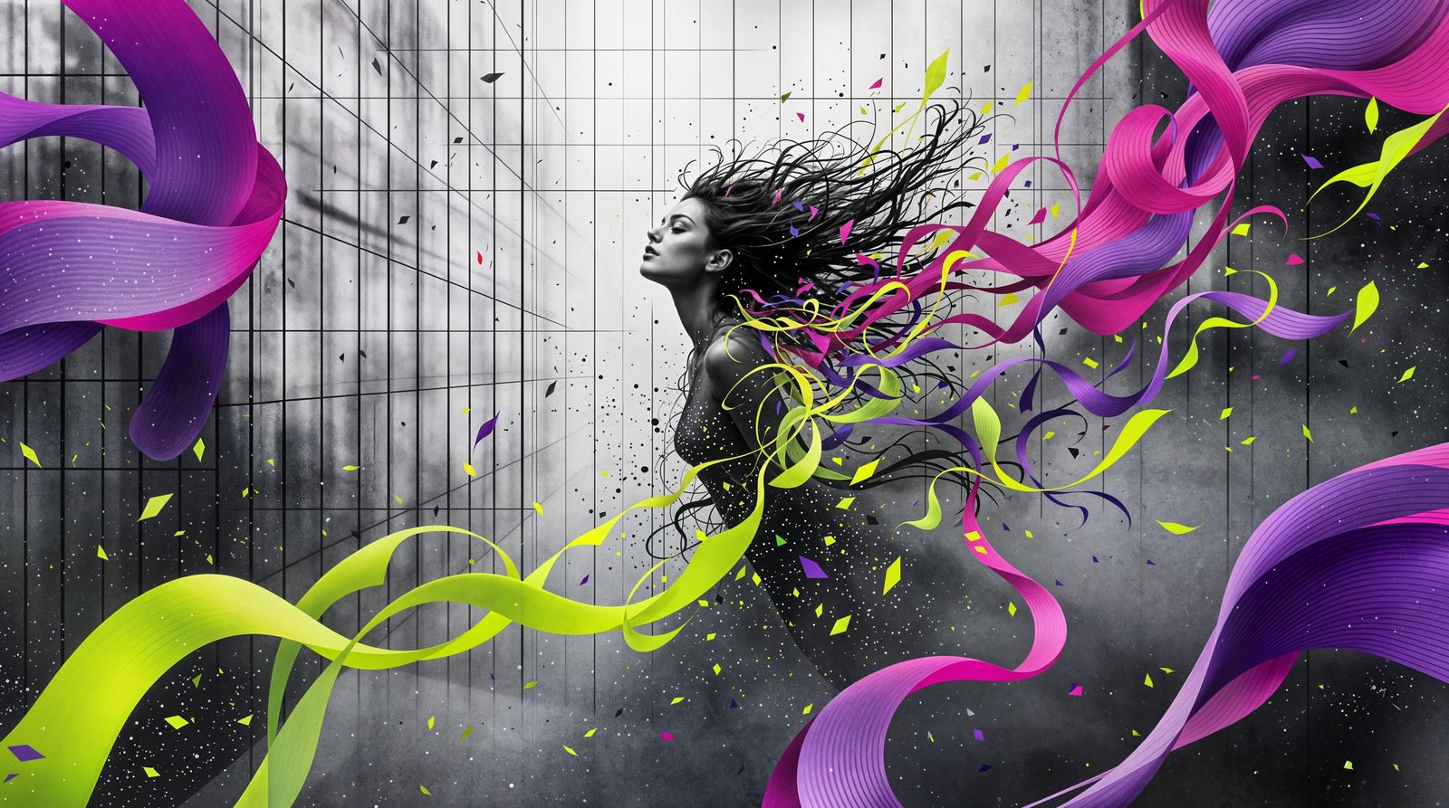 Woman Unfurls Vibrant Potential from Restrictive Grids