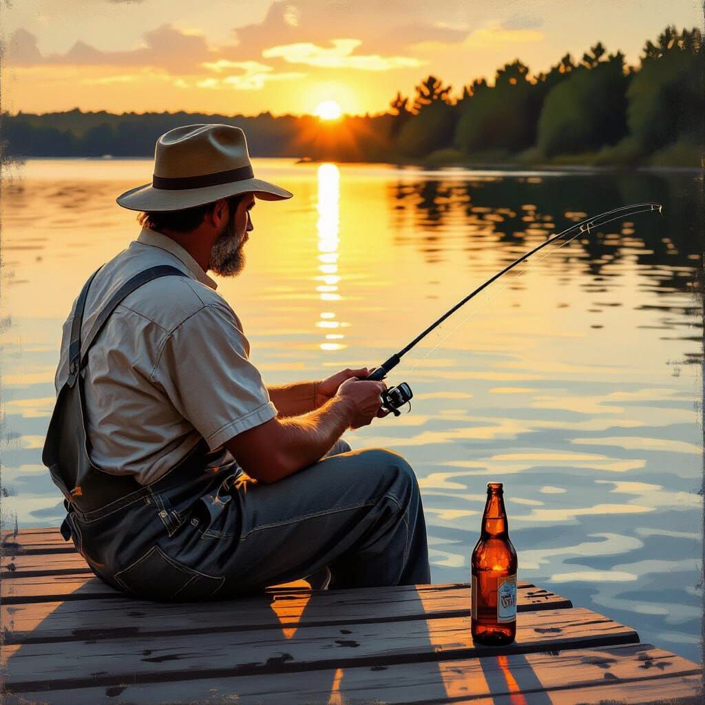 Man Fishing by Lake at Golden Hour with Beer