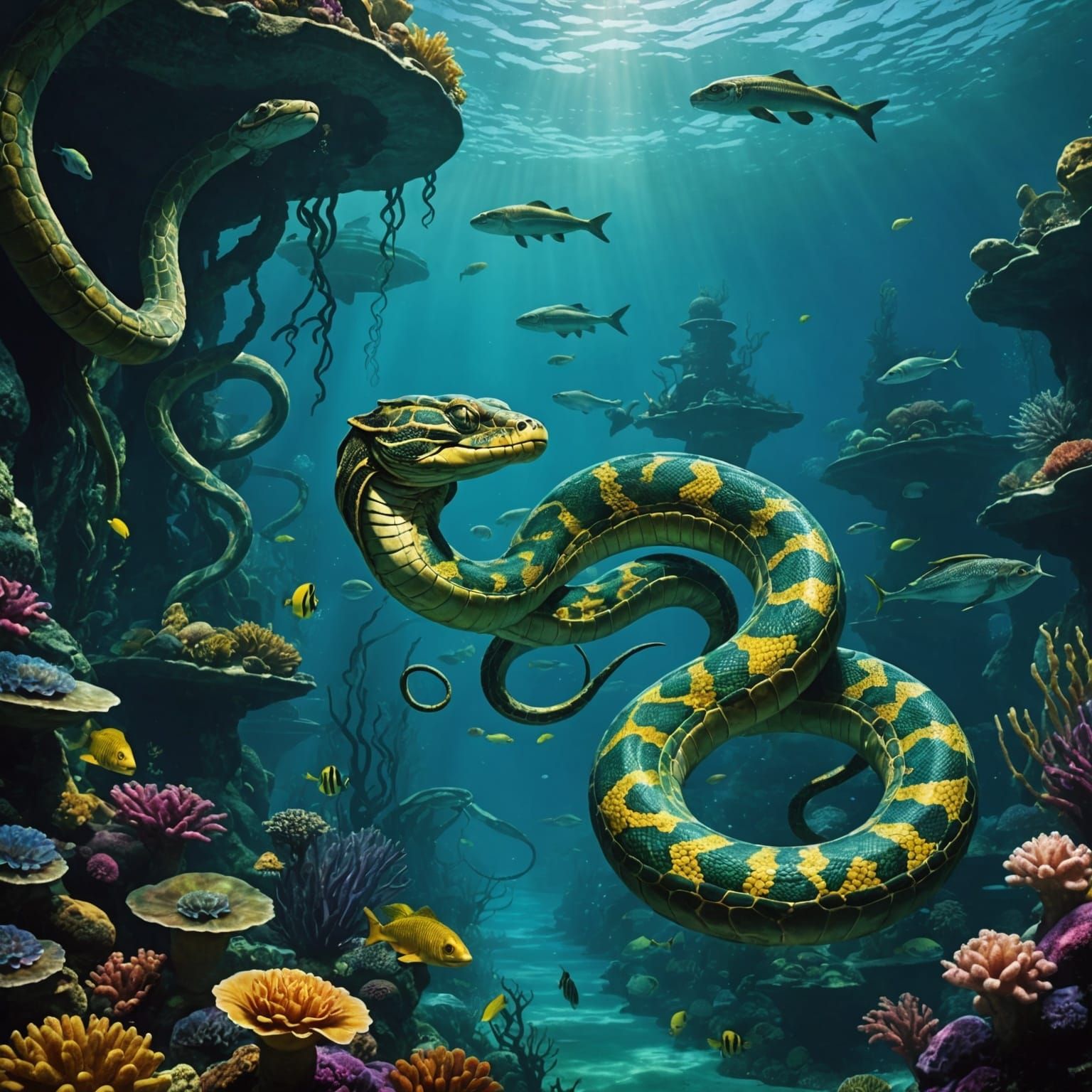 Vibrant Serpents Swim in Atlantis Underwater, Mythical Guard...