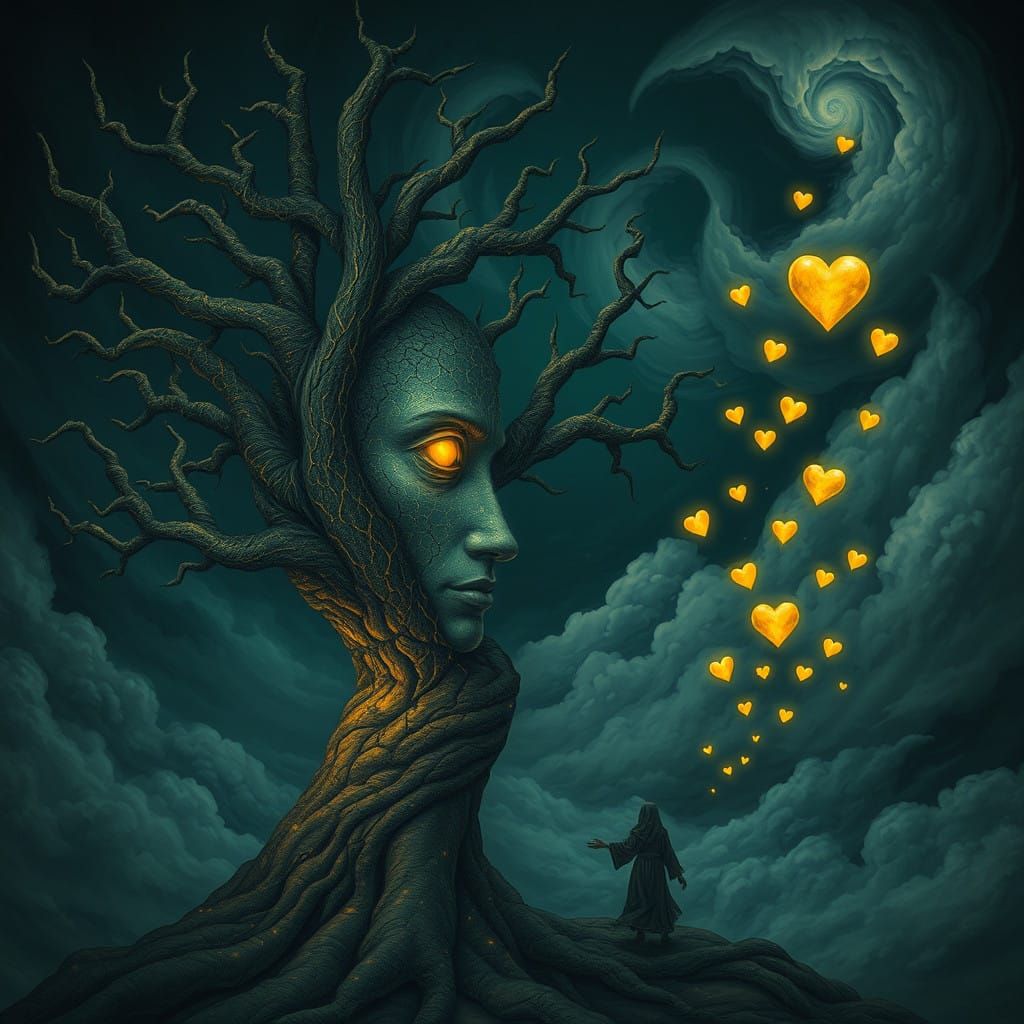 Gnarled Tree Transforms into Human Face with Glowing Golden ...