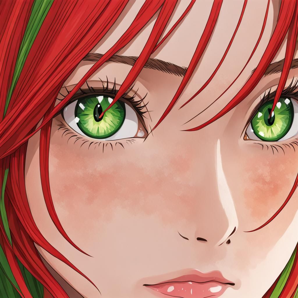 Portrait of a Woman with Vibrant Red Hair and Emerald Green....