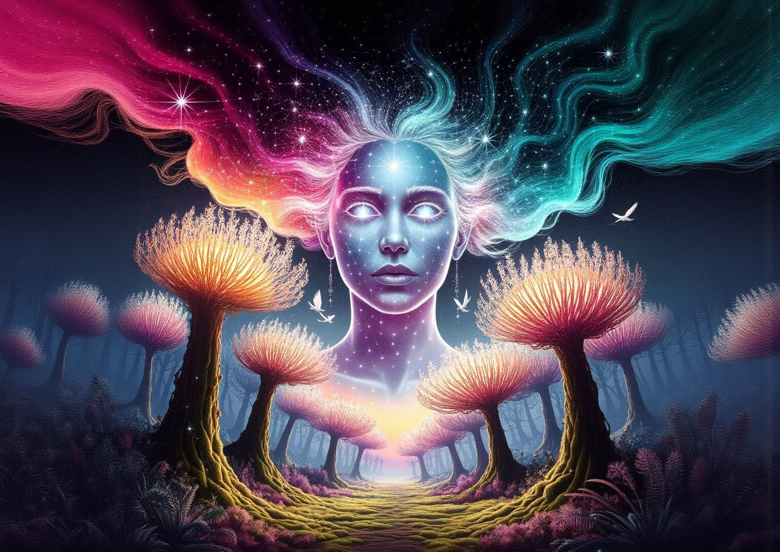 Ghostly Starlight Woman Face Above Glowing Forest