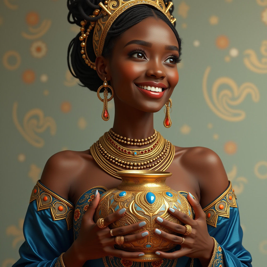 Elegant African Woman Cradles Ornate Vase with Golden Filigr...